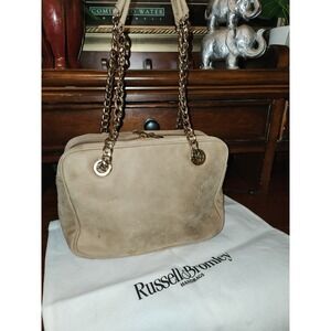 Vintage Russell & Bromley Luxury Handbag, Tan Suede, Gold Hardware, Dust Bag